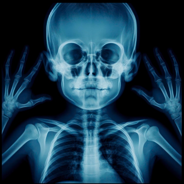 Photo xray of a child blue tone radiograph on a black background