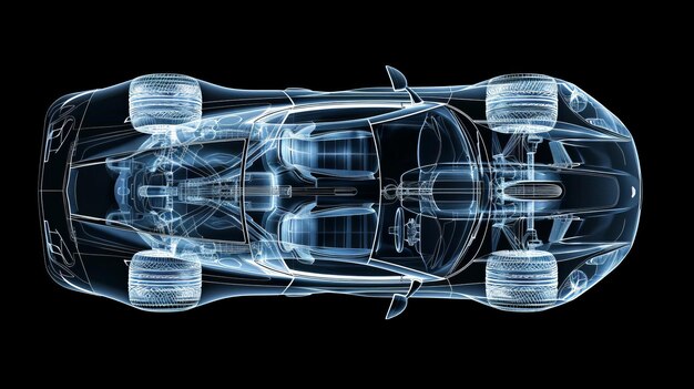 Xray concept car on black background top view Transparent blue 3D sports car