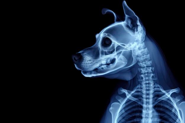 Xray of a dog blue tone radiograph on a black background