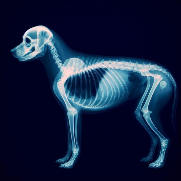 Photo xray of a dog full body blue tone radiograph on a black background ai generative