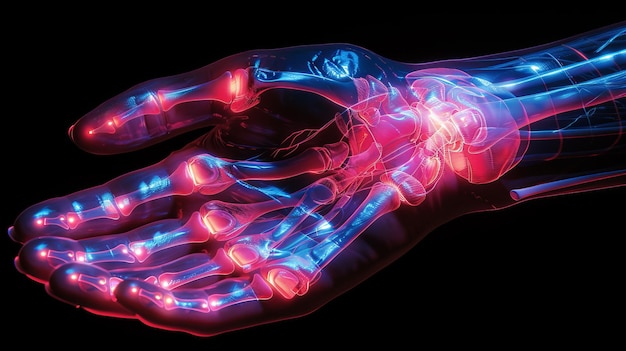 Xray of human foot with glowing bones