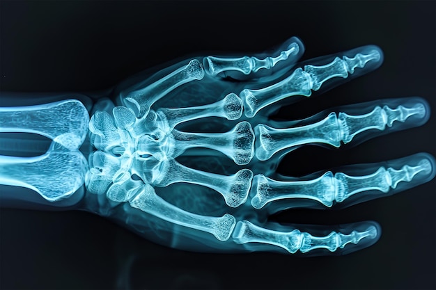 人間の手のX線 - 本物の人間の手の画像 - 青色 - すべての骨と構造 - 解剖学