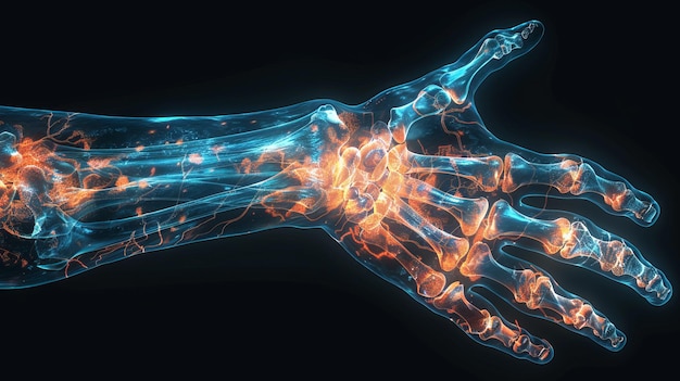 Photo xray image of human hand with highlighted bones