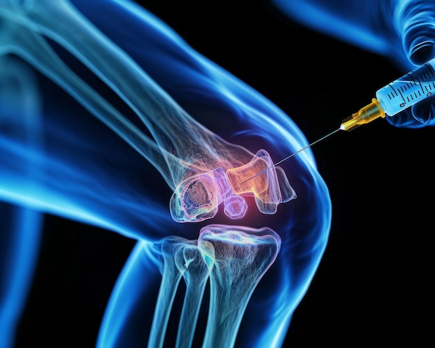 Рентгеновское изображение коленного сустава с медицинским шприцем Инъекционный наногель для артрита