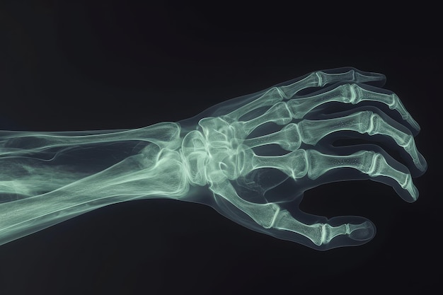 Photo an xray image showing the skeletal structure of a hand with a superimposed skeleton a 3d xray of a human wrist with a fracture ai generated