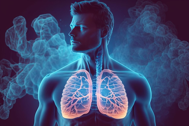 Xray red human lungs in a man's chest blue background