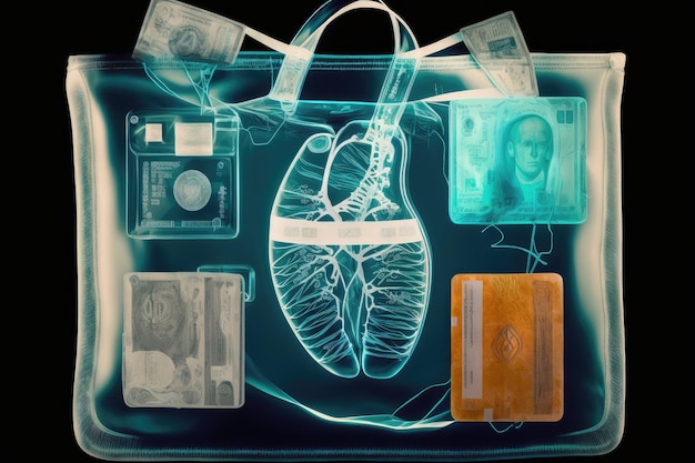 Xray scan of bag with money and credit cards created with generative ai