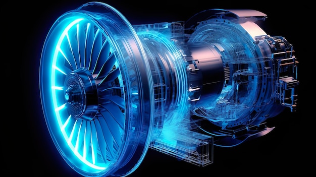 Foto motore a reazione turbofan in stile xray isolato su sfondo nero immagine di rendering 3d