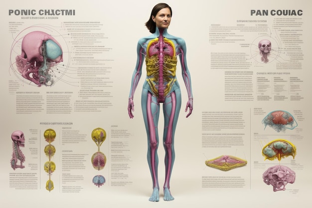 Xray view with women human body diagram chart with head and brain data