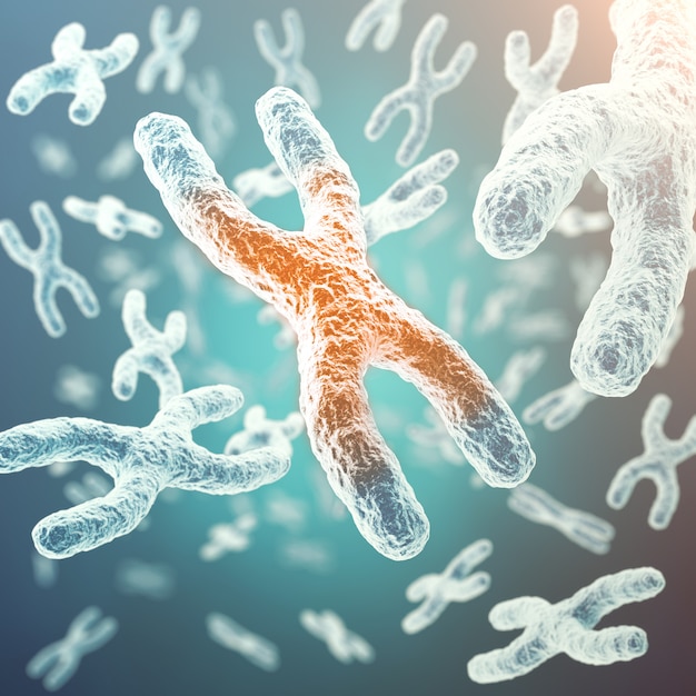 XY-chromosome, red in the center, concept of infection, mutation, disease, with focus effect.