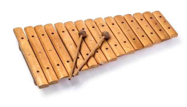 The xylophone and two mallets isolated on the white background.