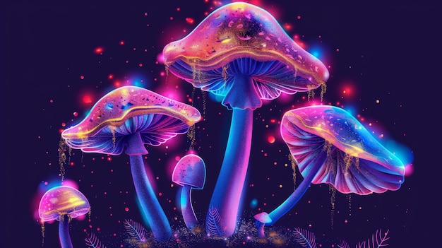 Y2K грибковый пластырь с неоновыми цветами, изолированными на черном фоне Ретро грибковой пластырь для ретроволновых плакатов вечеринок фанки муха агарная современная иллюстрация