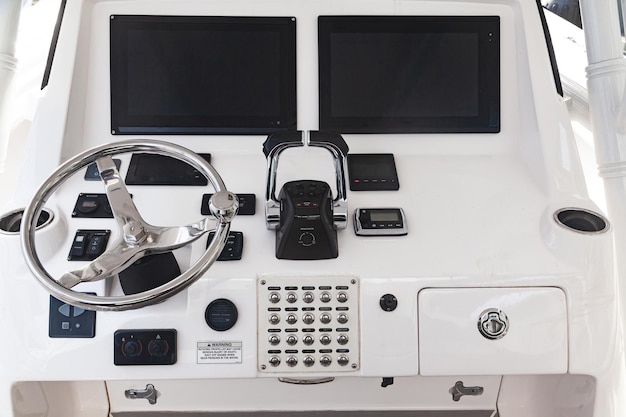 Yacht control navigation panel with steering wheel gear lever control buttons and onboard computer