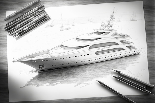 Photo yacht design pencil sketch featuring modern interior and sleek exterior