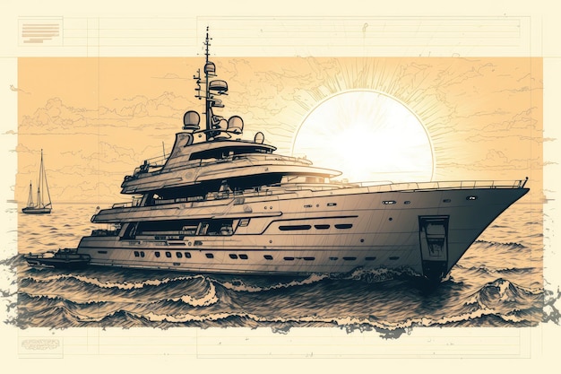 Yacht design sketch with a view of the sun setting over the ocean