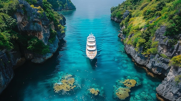 Photo a yacht floats in the blue waters of a bay