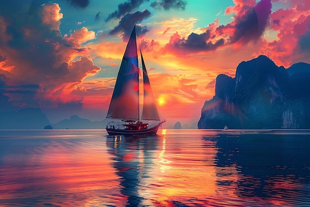 Photo a yacht gliding on the bay during sunset in thailand