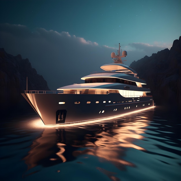 A yacht is floating in the water with lights on the side.