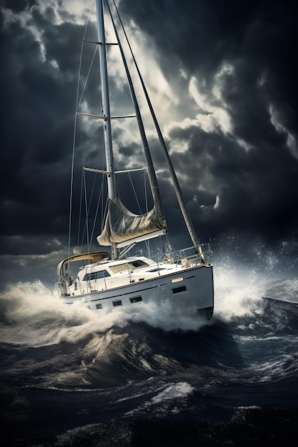 Яхта в океане во время шторма Генеративный ИИ