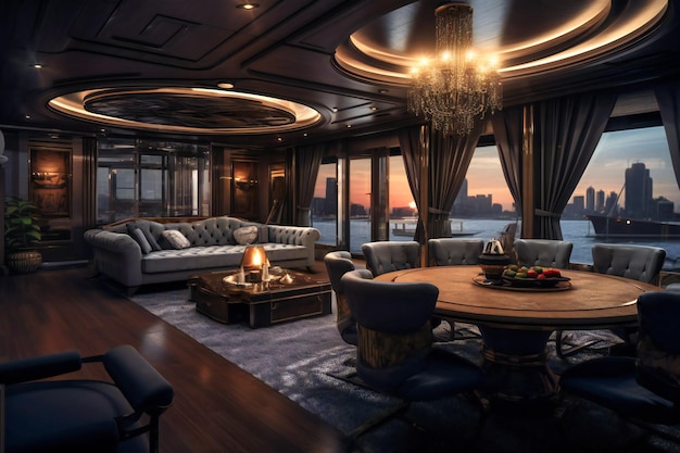 A yacht reimagined complete with a living and dining haven an opulent escape where the allure of the sea meets sophisticated comfort