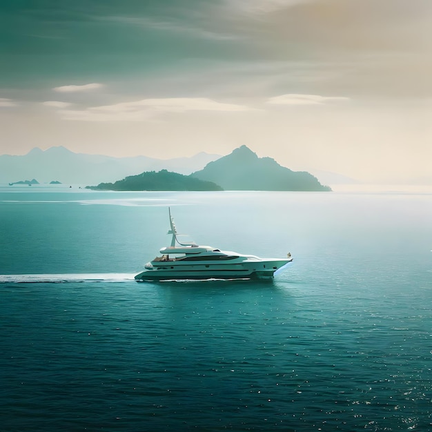 yacht sailing in the middle of the sea beside an island and mountains