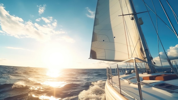 Yacht sailing the sea with sunset view