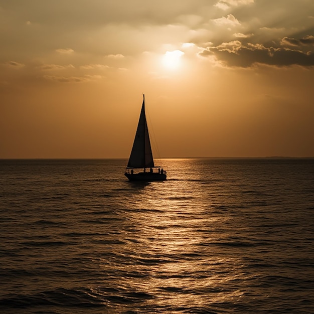 The yacht sails against the sunset Festive landscape with a sailboat Romantic trip on a luxury yacht during sunset at sea