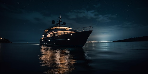 Yacht on the sea at night wide angle