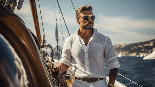 Yacht skipper on sunny day portrait on blurred background