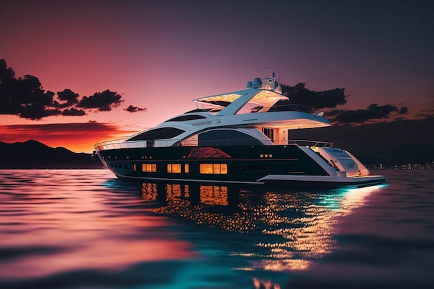 Photo a yacht with a red and black design sits in the water.