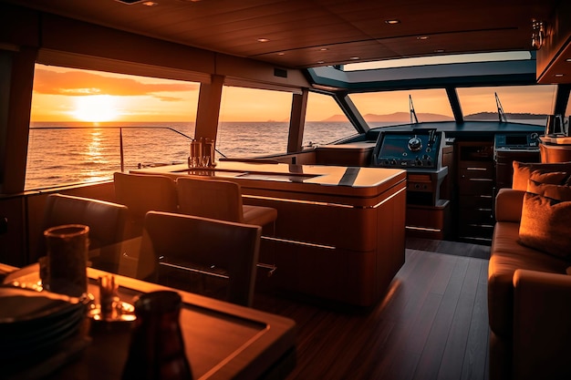 A yacht with a sunset view on the water