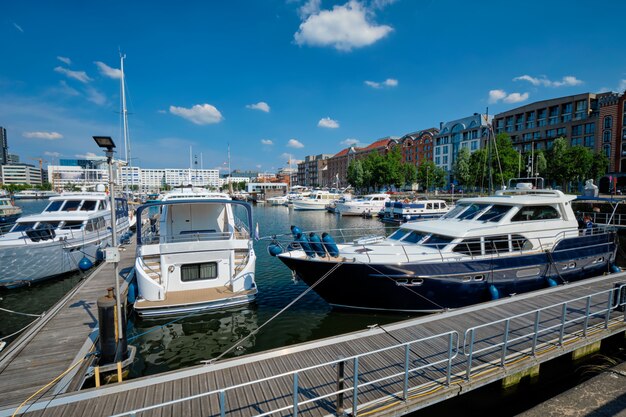 Yachts and boats moored in Willemdock in Antwerp, Belgium