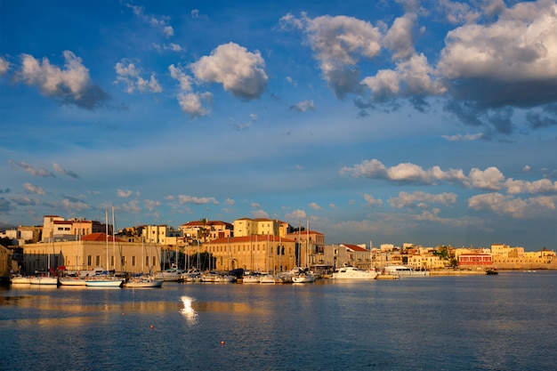 Yachts and boats in picturesque old port of Chania, Crete island. Greece