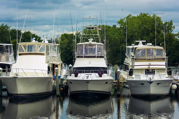 Yachts boats on the river in city of Boston