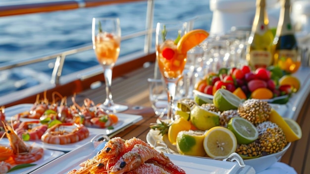 ヨットのデッキはエキゾチックな果物で飾られカラフルなカクテルと新鮮に捕まえた海産物がすべて