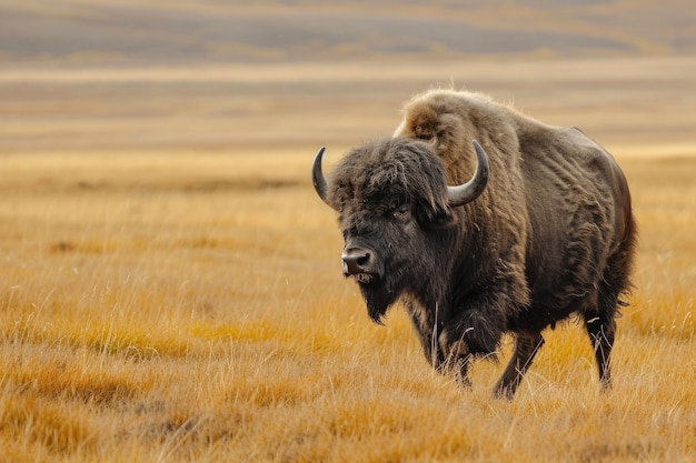 A yak buffalo strides across the vast open plains