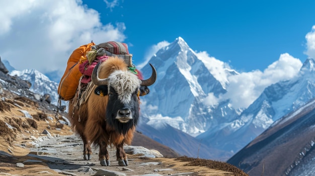 Photo yak carrying supplies in khumbu everest region