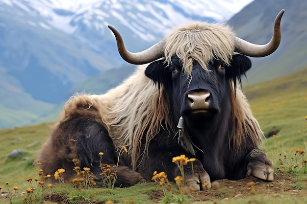 a yak lying down in the grass