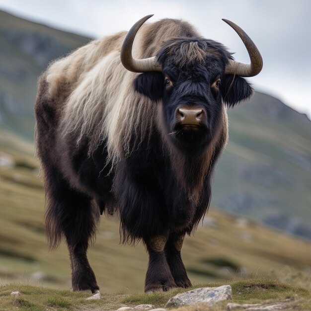 Photo a yak with a long horns stands on a rocky hillside