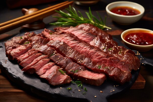 Photo yakiniku food japanese version of korean bbq raw meat on a plate and grilled meat with sauce