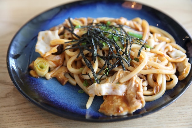 Yakisoba pork on wood , Japanese food