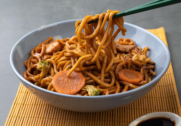 Yakisoba traditional asian pasta with noodles meat and vegetables