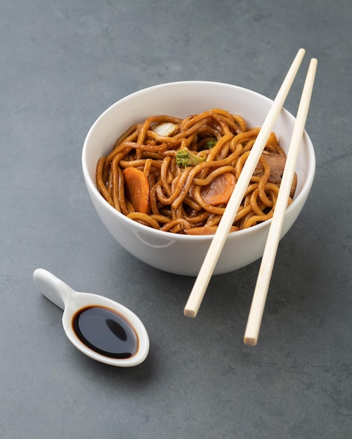 Yakisoba traditional asian pasta with noodles meat and vegetables