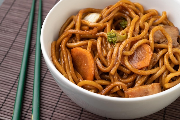 Yakisoba traditional asian pasta with noodles meat and vegetables