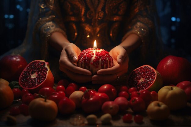 Yalda nacht handen met symbolische elementen zoals c 00691 01