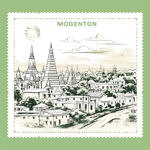 Photo yangon city with monochrome emerald green color shwedagon pa creative unique stamp of beauty cities