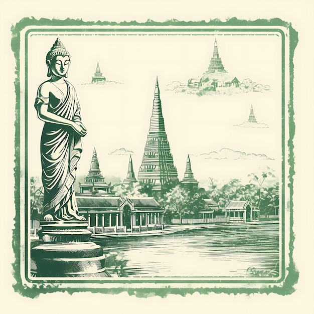 단색의 에메랄드 그린 색상 쉐다곤 파(Shwedagon Pa)가 있는 양곤시(Bangon City)의 창의적이고 독특한 아름다움 도시 스탬프