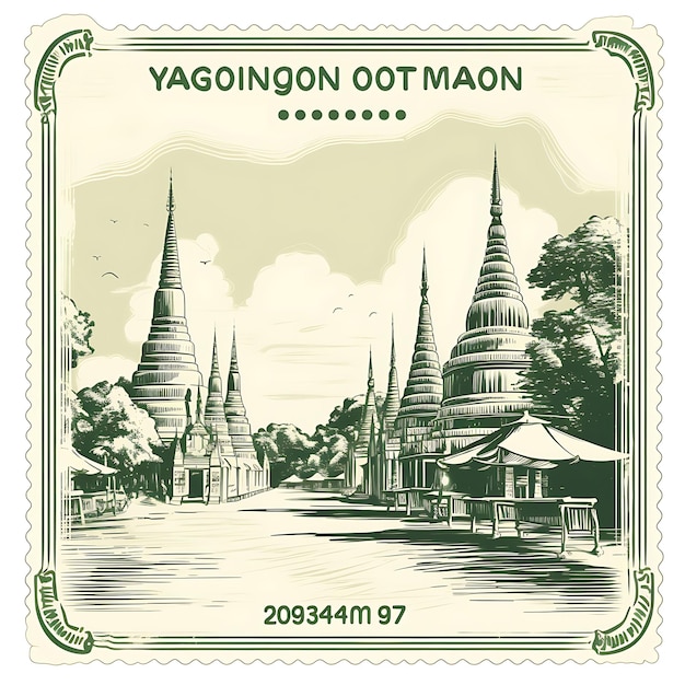 Yangon City With Monochrome Emerald Green Color Shwedagon Pa Creative Unique Stamp of Beauty Cities