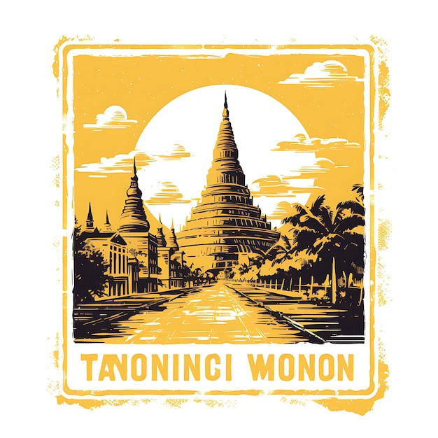 Yangon City With Monochrome Mustard Color Shwedagon Pagoda a Creative Unique Stamp of Beauty Cities