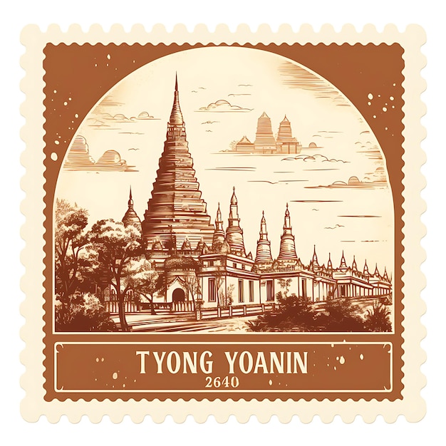 Yangon City With Monochrome Sepia Color Shwedagon Pagoda and Creative Unique Stamp of Beauty Cities